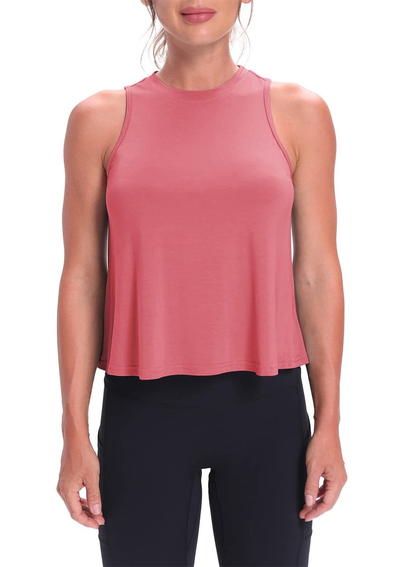 Mippo Cropped Workout Tops for Women Workout Shirts Sleeveless Tank Flowy Loose Crop High Neck Tank Tops Rose M - Image 2